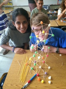 Eggy and Priya are very proud of their wonky tower 